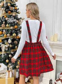 SHEIN Christmas Maternity Red Plaid Pattern Loose Fit Pinafore Dress, For Pregnant Women - Red - View 2