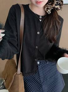 DAZY 女士休闲纯色毛边开衫，秋装 - 黑色 - 查看 1