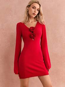 Poéselle 女式花卉贴花 V 领长袖毛衣裙、长袖连衣裙、2024 秋冬、冬装、蓬松、性感红色连衣裙、圣诞节、节日服装、秋季毛衣裙、厚针织衫 2024 秋冬 - 紅色 - 查看 5