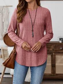 EMERY ROSE Women's Casual Solid Color Button Back Curved Hem T-Shirt Women Long Sleeve Tops Grey Tops For Women Gray Blouse Women Solid Color T Shirt Tops Women Women Women's Fall Clothes