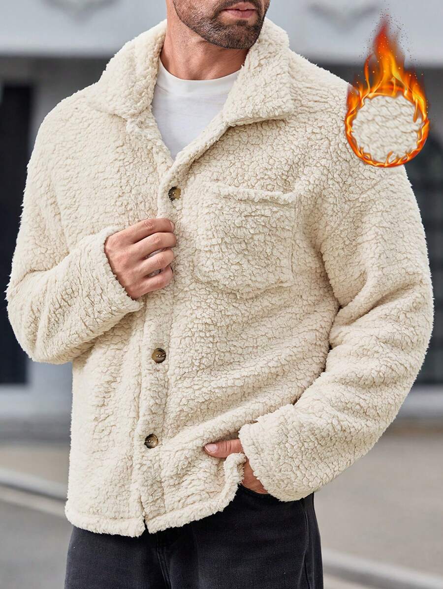 Manfinity VCAY Men's Slim Fit Knit Casual Long Sleeve Collar Cardigian Jacket With Thermal Lined, Suitable For Autumn & Winter - Beige - View 1