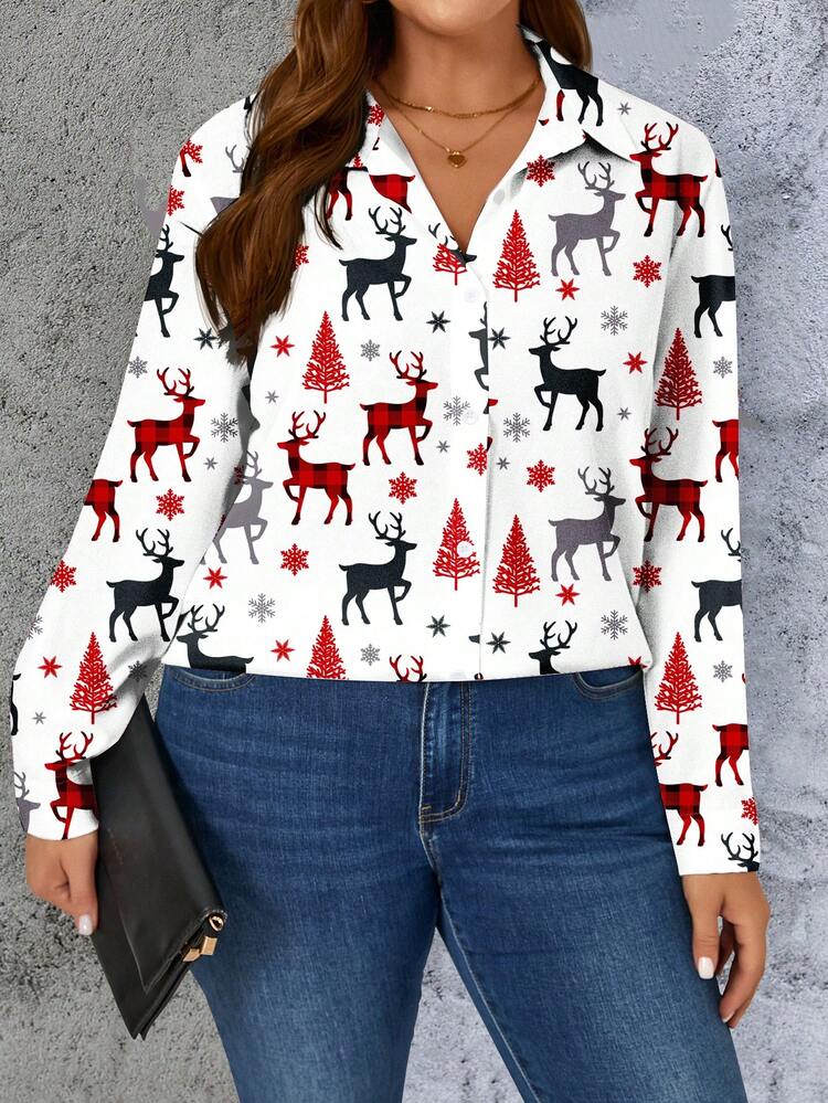 プラスサイズ レディース カジュアル通勤 クリスマス柄 エルク ロングスリーブ ラペル ボタンフロントシャツ