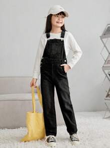 Tween Girl Plain Washed Denim Jumpsuit With Pockets & Thick Suspender Straps - Black - View 4
