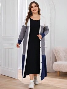 Mulvari 大码休闲拼色纽扣日常开衫，秋冬款 - 彩色 - 查看 4