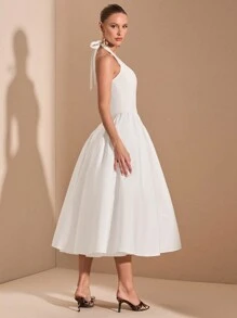 SHEIN BAE Robe blanche pure à col en V profond avec cravate à la taille et manches bouffantes pour occasions formelles, remise de diplômes, soirée cocktail, rendez-vous romantique, superposition d'hiver, fête, boîte de nuit, robe de demoiselle d'honneur, tenue de soirée, Halloween, Noël