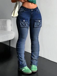 SHEIN ICON 女士前扣口袋休闲牛仔裤，日常穿着