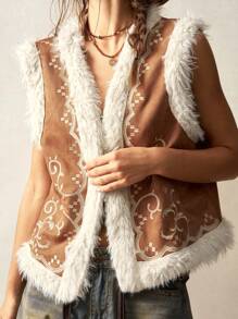 Bohemela Women Fringe Trim Sleeveless Vest - Khaki - View 5