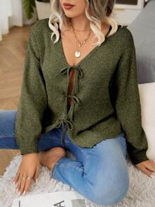 Calvaya Áo khoác cardigan buộc dây phía trước vai rộng rãi, cỡ lớn, mùa thu/đông - xanh quân đội - Xem 7