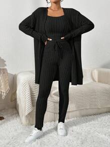 SHEIN Essnce 大码女装秋冬新款时尚休闲商务休闲女装通勤镂空服装感恩节女装套装冬季女装冬季女套装罗纹拉绒面料针织面料黑色长款开衫+吊带背心+打底裤三件套女秋季套装服装套装冬季女装套装女秋季套装 - 黑色 - 查看 1