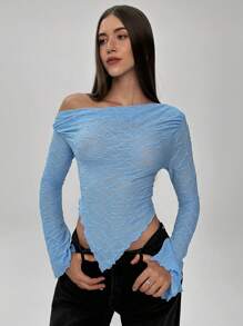 Aloruh 女式休闲优雅纯蓝色不对称下摆纹理修身长袖衬衫