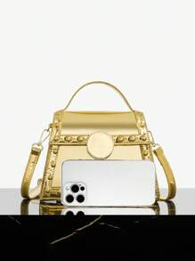 SHEIN SXY 女士，女式手提包，斜挎包，时尚，简约，个性，多功能，金色，镜面，铆钉，适合约会，日常，购物，下午茶，派对 - 金色 - 查看 5