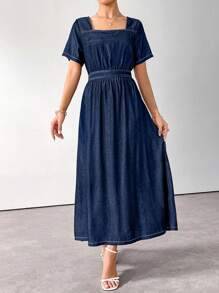 Modelyn Đầm xếp ly cổ vuông tay ngắn cài nút sau cho nữ thường ngày xuân/thu mặc thường ngày/du lịch/ngày lễ/nghỉ mát/tiệc tùng - Màu xanh lam - Xem 5