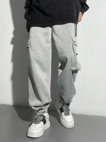 SHEIN Tween Boys' Casual Striped Pocket Zipper Ribbed Cuff Sweatpants, Contrast Drawstring, Versatile For Daily Wear, Spring/Summer/Autumn/Winter, School/Street Style