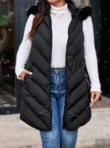 Franclia Chaleco acolchado con capucha y cuello esponjoso para mujer de talla grande, prendas de vestir de invierno