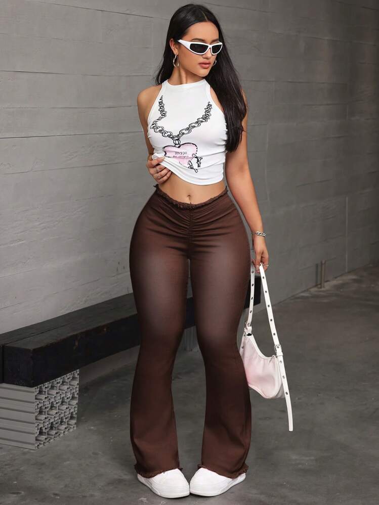 SHEIN ICON Quần Jeans Denim Xếp Ly Đơn Giản Màu Trơn Cho Nữ, Mặc Hàng Ngày Thường Ngày - Cà phê nâu - Xem 2