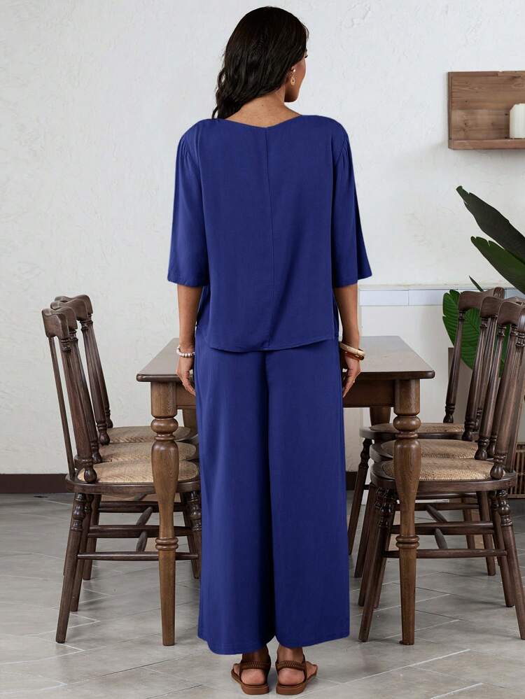 2pcs/Set Women's Elegant Solid Color Round Neck Capri Blouse & Wide Leg Pants Set