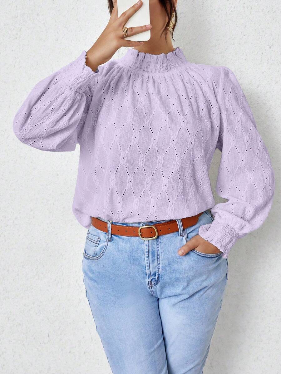 Franclia Áo kiểu nữ cỡ lớn màu trơn khoét rỗng, cổ bèo nhún, tay dài, chất liệu jacquard, thích hợp cho mùa xuân/thu. - Màu tím hoa cà - Xem 1