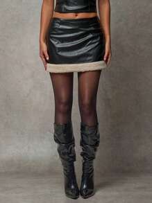 SHEIN BAE Fall Skirts Vintage Distressed Leather Black Stitching Mini Skirt,Halloween Costumes