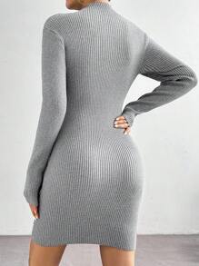 Chiquease Casual Minimalist Solid Color Ribbed Knit Fitted Sweater Dress, Autumn/Winter - Grey - View 2