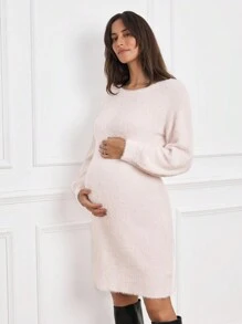 SHEIN Sweater Hamil Kasual Warna Polos Lengan Lentera Berbulu, Musim Gugur/Dingin - Berwarna merah muda - View 6