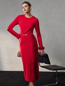 MOTF PREMIUM SOLID FLUFFY TRIM SPLIT THIGH SLIM FIT DRESS WITHOUT BELT - Red - View 6