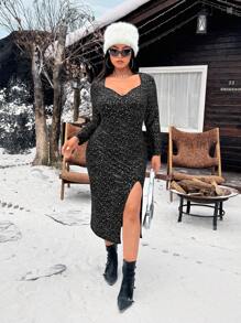 Flirla Plus Size Sparkly Split Hem Bodycon Dress, Autumn/Winter Fashion - Black - View 5