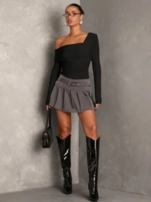 SHEIN BAE Women White Solid Asymmetric Neck Gathered Long Sleeve Bodysuit, Casual Wear