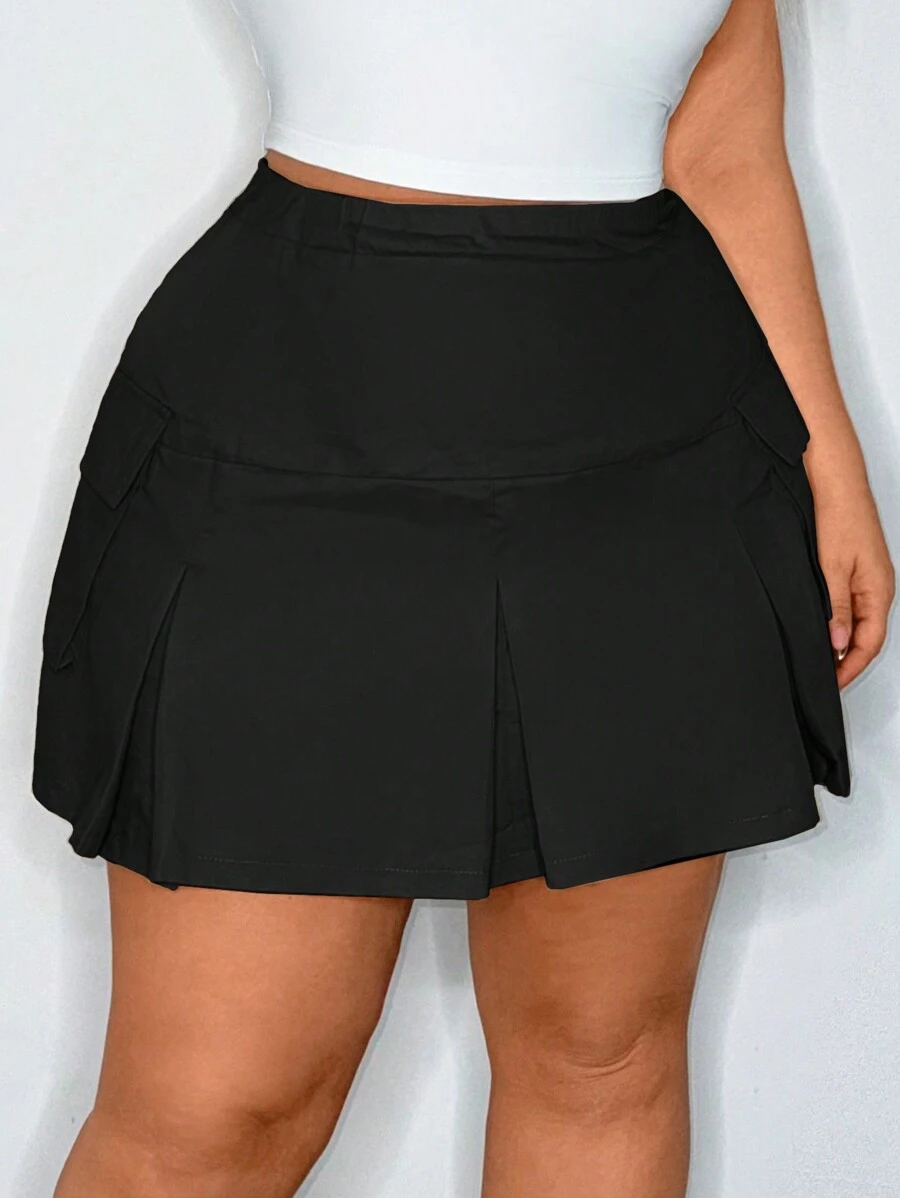 SHEIN SXY Plus Size Ladies' Cargo A-Line Cotton Skirt With Pockets And Pleating Detail - Black - View 1