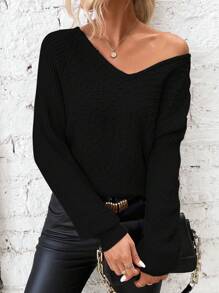 EMERY ROSE 女士撞色蕾丝 V 领镂空后背长袖休闲毛衣、长袖上衣 - 黑色 - 查看 4