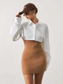 SHEIN Unity 2 件女式卡其色针织迷你连衣裙 + 白色短款衬衫两件套 - 彩色 - 查看 5