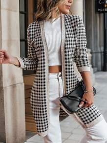 SHEIN Clasi Plus Size Houndstooth Pattern Cardigan Sweaterbusiness Casual Woman,Work Wear,Fall Wedding Guest Dress, - Khaki - View 1