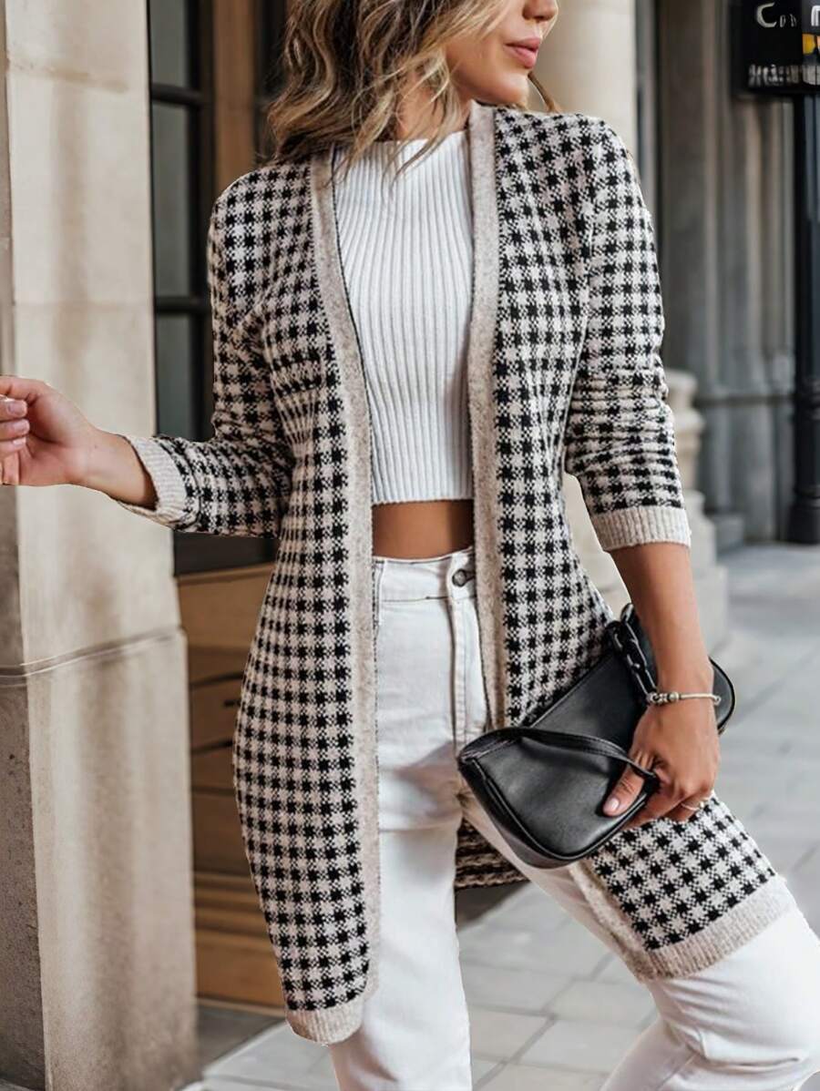 SHEIN Clasi Plus Size Houndstooth Pattern Cardigan Sweaterbusiness Casual Woman,Work Wear,Fall Wedding Guest Dress, - Khaki - View 1