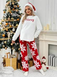 SHEIN Maternity Slit Hem Ribbed Long Sleeve Tee And Pants Set, Christmas Outfit, 2 Pieces Set - Red and White - View 7