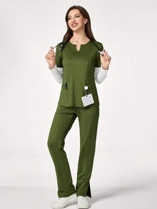 TaskEZ Bộ đồng phục tẩy tế bào chết 2 món cho nữ: Áo thun tay ngắn cổ chữ V trơn có túi và quần - Màu xanh Ô liu - Xem 3