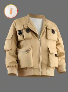 SHEIN Jaket Lengan Panjang Saku Warna Polos untuk Anak Laki-Laki Usia Remaja - Khaki - View 1