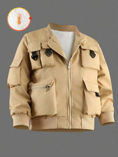 SHEIN Tween Boys Solid Color Pocket Long Sleeve Jacket