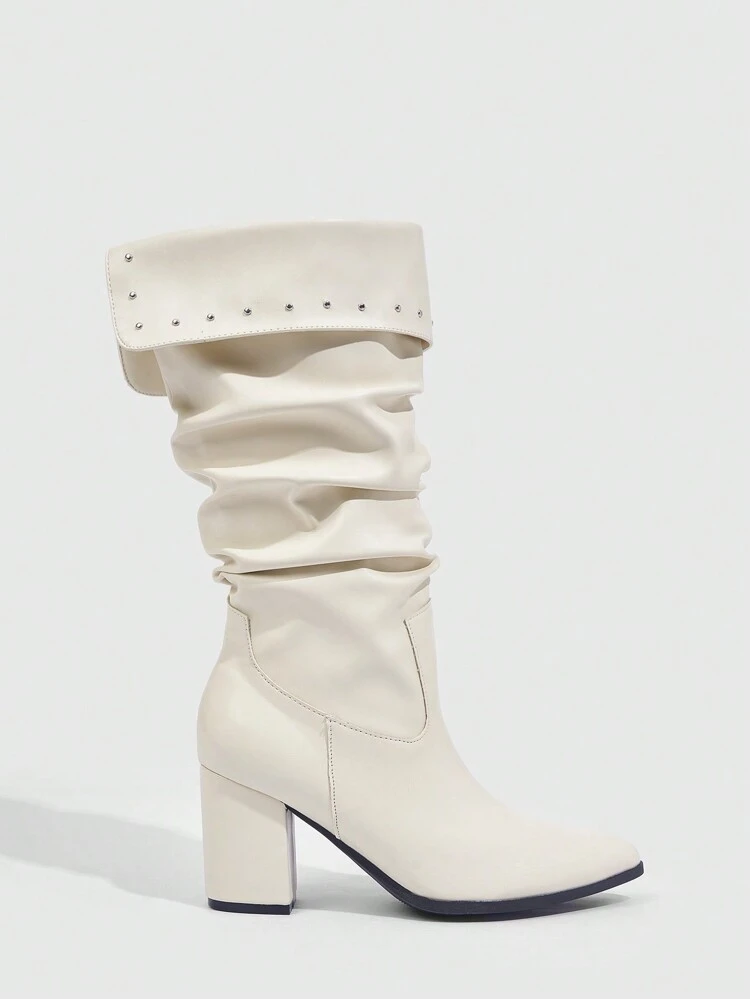 CUCCOO SZL Pointed Toe Block Heel Slip-On Sexy Leather Ankle Boot, Pleated Knee High Boot For Women, Fall/Winter For Christmas And New Year Holiday