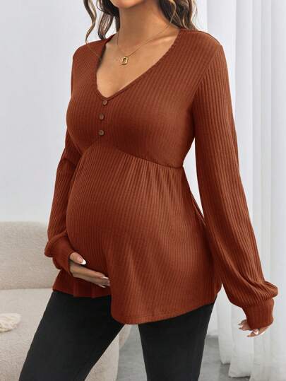 SHEIN Maternity Button Front Long Sleeve V-Neck Loose Pregnancy T-Shirt