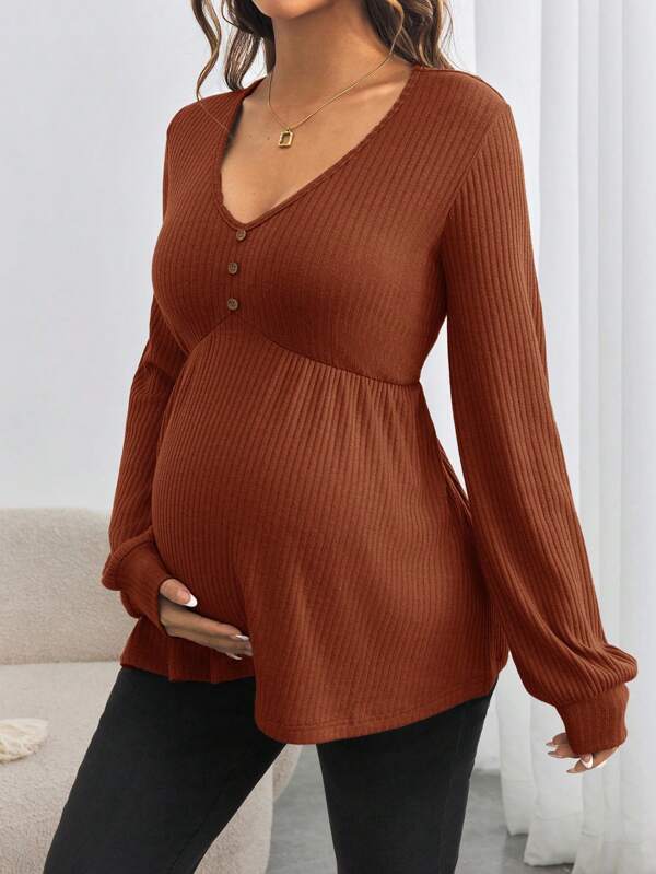 SHEIN Maternity Button Front Long Sleeve V-Neck Loose Pregnancy T-Shirt