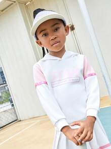 SHEIN Young Girl' Sporty Hoodies Knitted Pullover Sweatshirt With Contrast Color Panels And Reflective Strips, Everyday Casual Wear