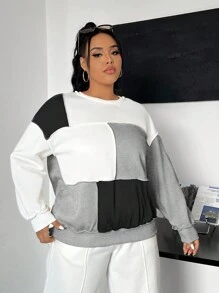 SHEIN EZwear Áo nỉ dáng rộng màu khối lớn thả vai cho thường ngày, mùa thu - Xám - Xem 7