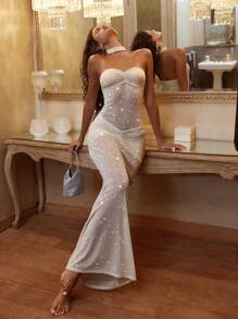 Opulessa 海滩女士服装化妆舞会礼服万圣节圣诞节性感优雅派对婚礼长款紧身连衣裙女式网纱 - 杏色 - 查看 2