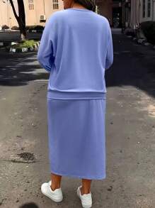 SHEIN LUNE 大码女式蓝色印花长袖休闲运动两件套 - 彩色 - 查看 2