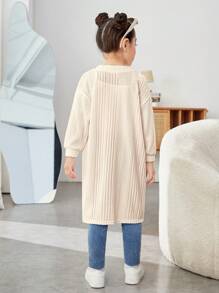 Young Girl Solid Color Extra Loose Knit Long Cardigan - Khaki - View 5