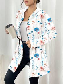 SHEIN LUNE Women Floral Print Drawstring Zip Up Hoodie Jacket, Casual - Multicolor - View 7