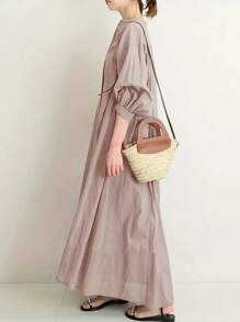 Plus Size Women's Solid Color Minimalist Casual Shirt, Elegant Long Shirt, Semi-Sheer Long Sleeve Round Neck Flowing Dress, Suitable For Spring, Summer, Autumn And Winter - Dusty Pink - View 3