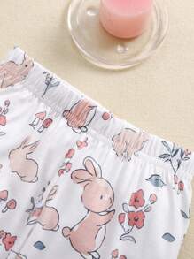 SHEIN Playful Pals 2 件装女婴粉色花卉印花荷叶边袖裤子和长袖休闲舒适家居服套装