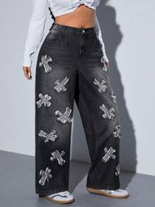 SHEIN ICON 女式大码黑色水洗刺绣牛仔裤，四季皆宜 - 黑色 - 查看 4