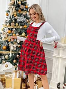 SHEIN Christmas Maternity Red Plaid Pattern Loose Fit Pinafore Dress, For Pregnant Women - Red - View 5
