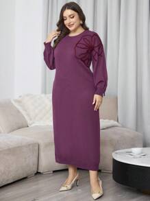 Modelyn 大码女式优雅圆领刺绣装饰长袖针织毛衣连衣裙 - 中紫紅色 - 查看 3